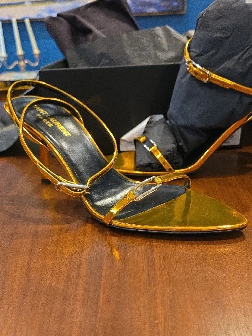 YSL Saint Laurent Metallic Gold Tangerine Kitty Sandal - Picture 8 of 13